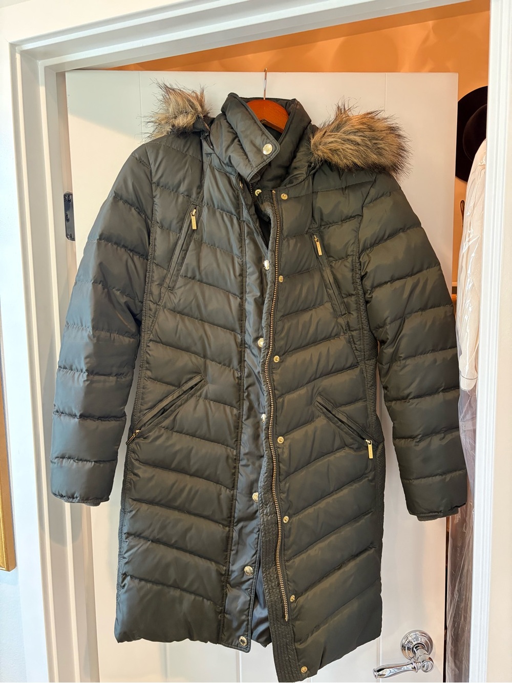 Michael Kors Olive Quilted Long Puffer Coat with Faux Fur Hood